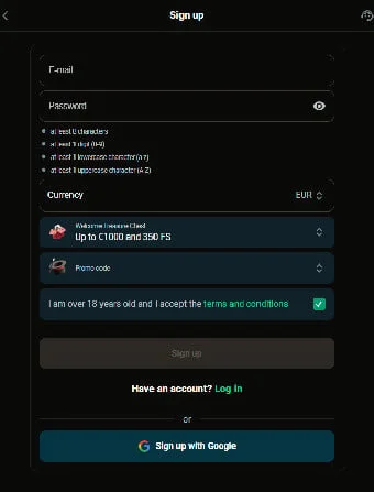 Schermata di registrazione su Royalsea Casino da browser mobile con campi e-mail, password e dati personali