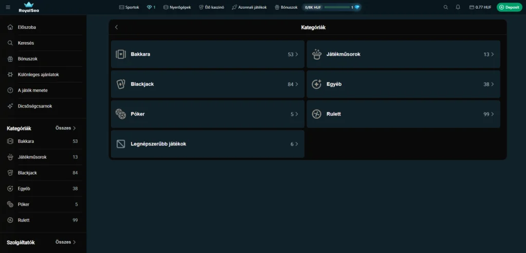 Pagina delle tipologie di bonus disponibili su Royalsea Casino: casino, crypto, elite e sport
