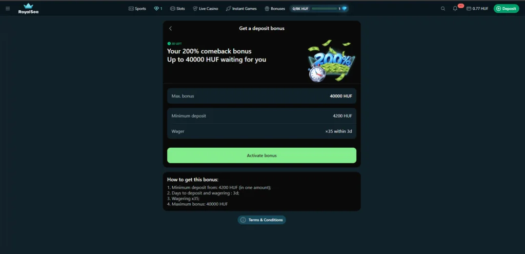 Esempio di condizioni del bonus individuale su Royalsea Casino con percentuale, wagering e durata