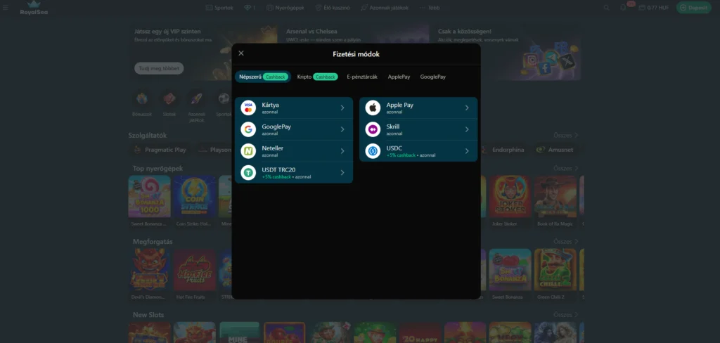 Schermata deposito di Royalsea Casino su mobile con metodi di pagamento PostePay, carte, PayPal e criptovalute