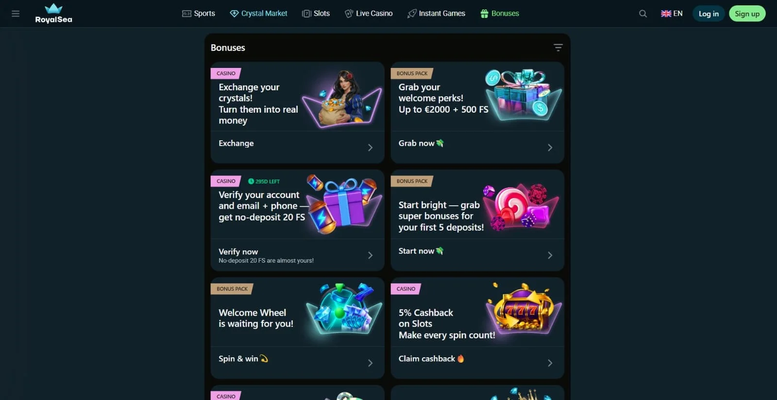 Pagina bonus di Royalsea Casino con i quattro pacchetti di benvenuto: Casino 150%, Crypto 200%, Elite 110% e Sport 100%